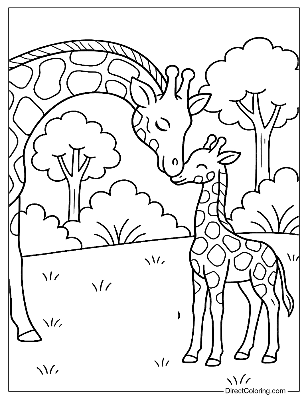 coloring page The mother giraffe bows her head and gently touches the baby giraffe, surrounded by green trees
